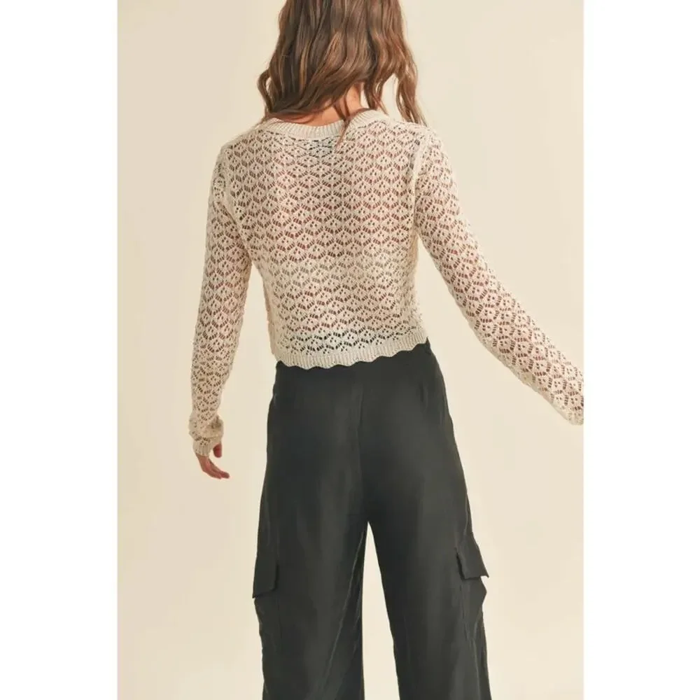 ASTR Cream Crochet Knitted High Neck Long Sleeve Pullover Crop Sweater Top XS